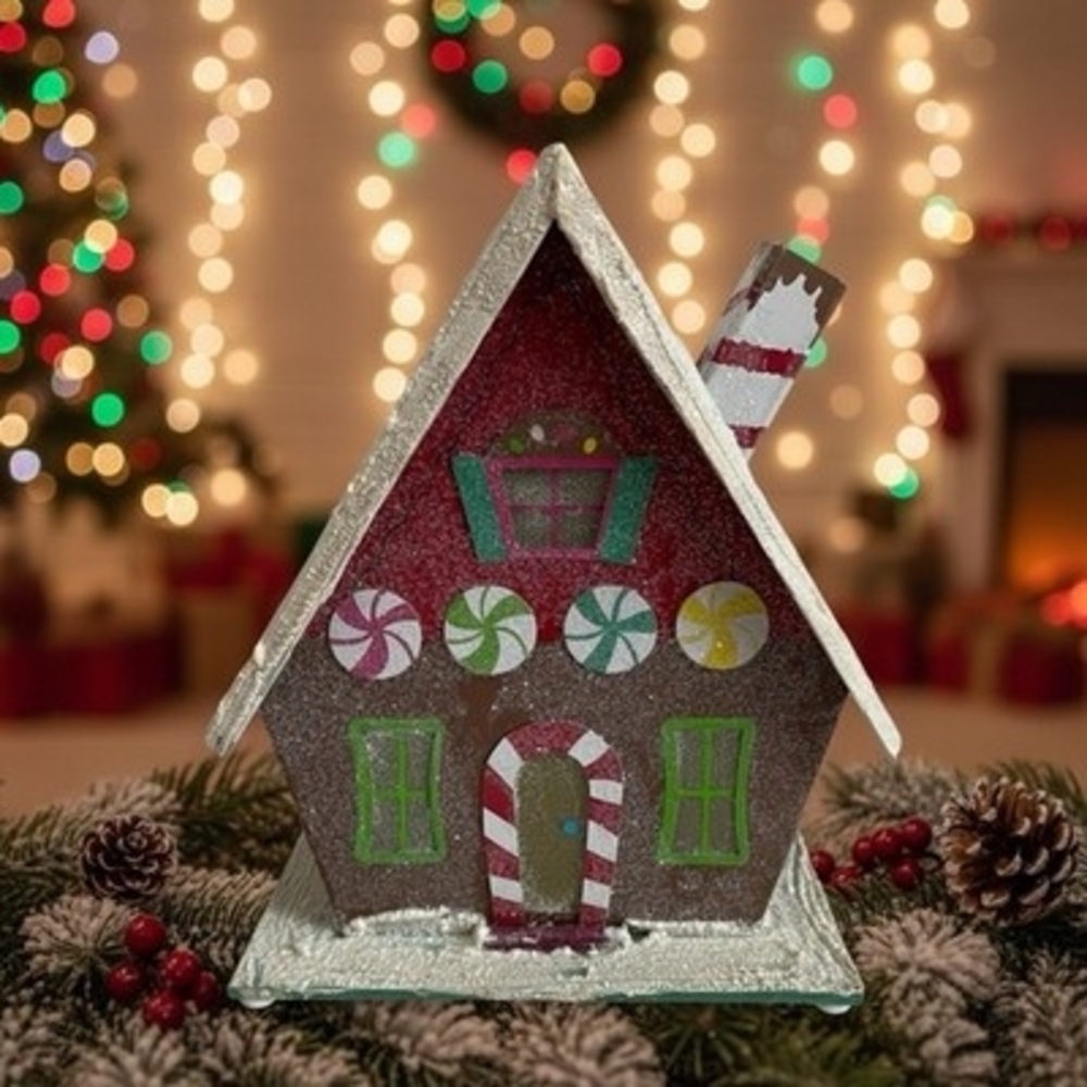 Battery Operated Light Up Gingerbread House Peppermint Candy Glitter Christmas
